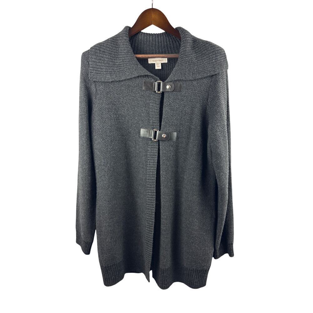 Women’s Ellen Tracy XL Dark Gray Cardigan w/ Black Leather Closures